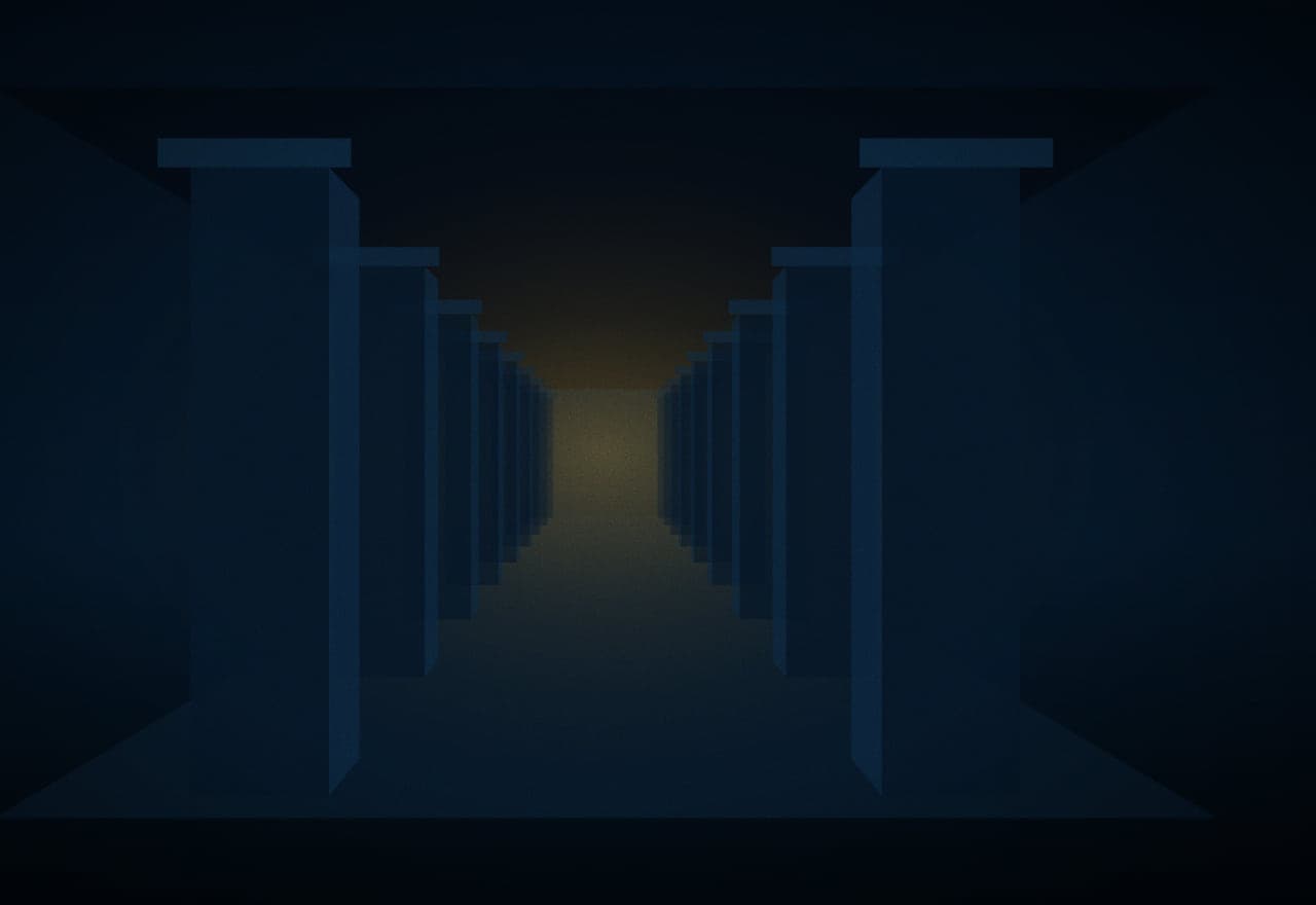 A colonnade receding toward warm light, evoking institutional architecture.