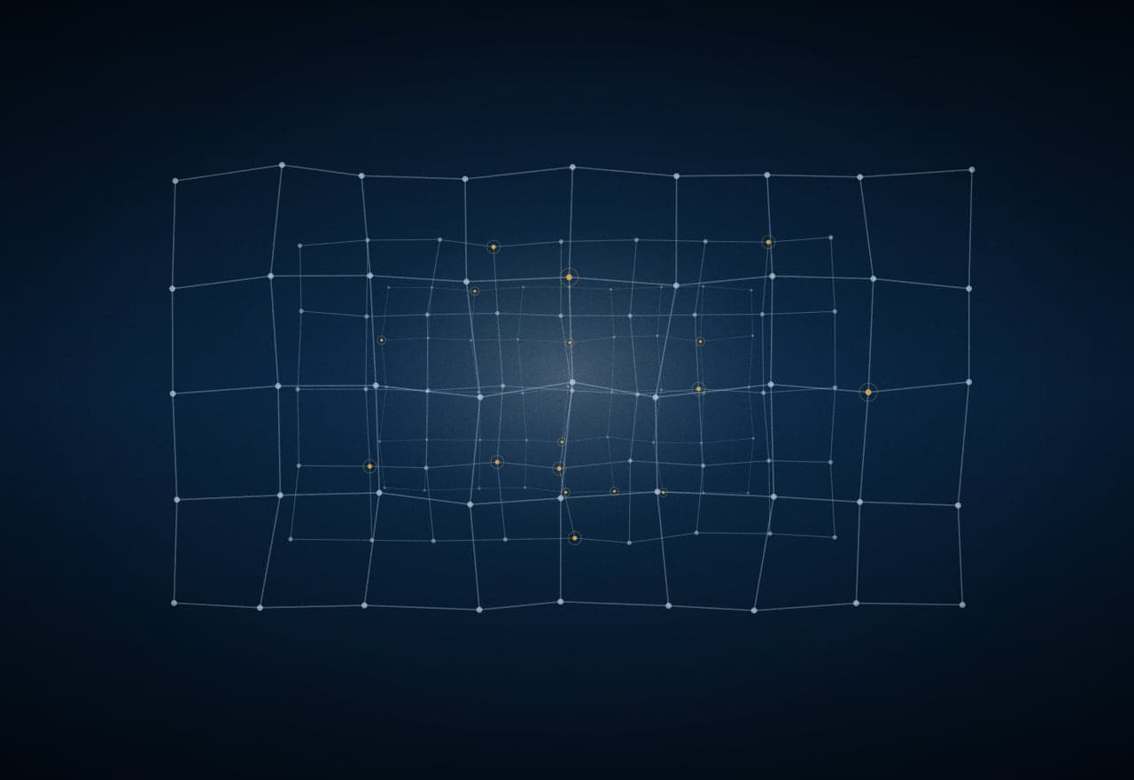 A lattice of connected compute nodes rendered in depth.